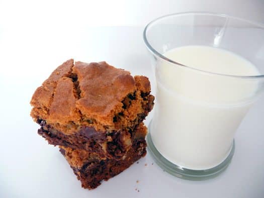 chocolate chip cookies and milk. chipster-topped-brownies-milk
