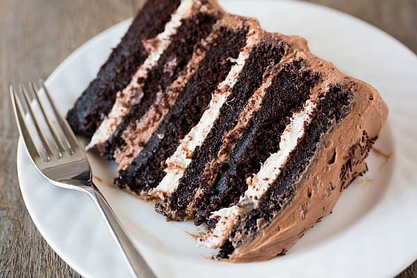 Six-Layer Chocolate Cake with Toasted Marshmallow Filling and Malted Chocolate Frosting