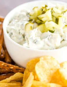 Dill pickle dip is a must for any pickle fan! Loads of pickle and dill flavor and it's perfect for dipping pretzels, chips, crackers, or veggies.