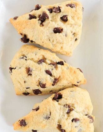Chocolate Chip Scones - wonderfully tender and perfect alongside a cup of coffee for breakfast or dessert! | https://www.browneyedbaker.com/chocolatey-morning-goodness/