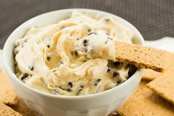 Chocolate Chip Cookie Dough Dip - A sweet, creamy dip that tastes like chocolate chip cookie dough without the guilt of raw egg! | browneyedbaker.com #recipe