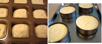 2 images of cheesecake batter in small pans before baking.