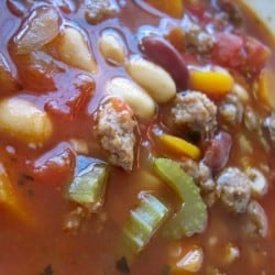 Close up image of pasta fagioli soup.