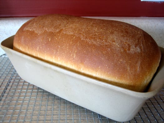 Sandwich bread loaf in a baking pan on a cooling rack.