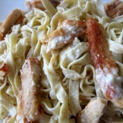 Fettuccini pasta noodles topped with alfredo sauce and pieces of chicken.