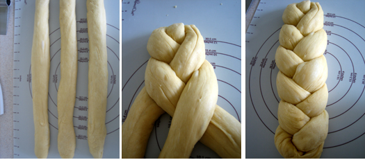 Collage of 3 images of shaping challah bread dough.