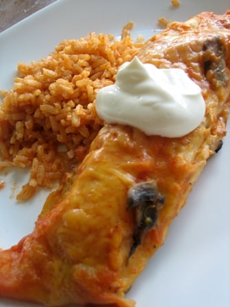 Enchilada topped with sour cream with a side of rice on a white plate.