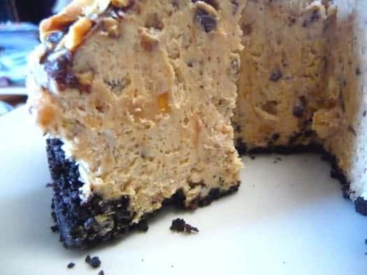 Chocolate peanut butter torte with a slice removed showing the texture.