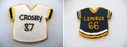 Collage of 2 images of cookies decorated like sports jerseys.