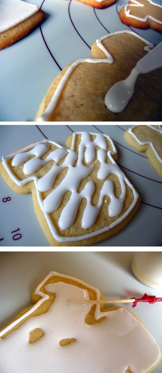 Collage of 3 images showing how to use royal icing to decorate sports jersey sugar cookies.