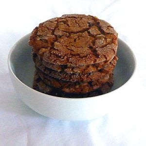 Stack of ginger cookies in a white bowl.