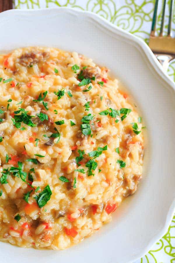 Sausage, Pepper & Mushroom Risotto - A hearty meal that needs only Italian bread and a big salad as an accompaniment! | browneyedbaker.com