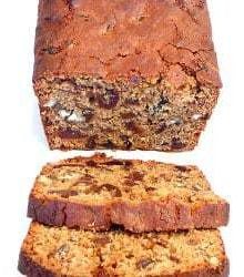 Date nut spice bread with 2 slices cut.