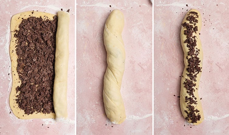 Photo collage showing dough rolled up into log and sprinkled with chocolate filling.