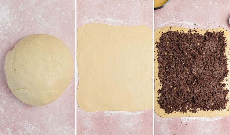 A collage showing dough rolled into a square and covered with chocolate.
