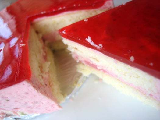 Slice of strawberry mirror cake.