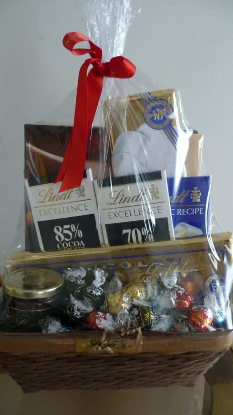 Gift basket of Lindt chocolate products.