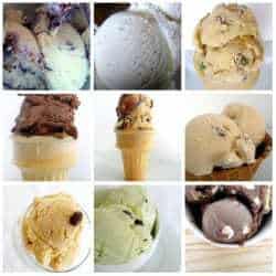 Collage of 9 images showing various scoops of ice cream flavors.