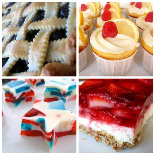 Collage of 4 images of 4th of July desserts including pie, cupcakes, Jello stars, and strawberry pretzel bars.