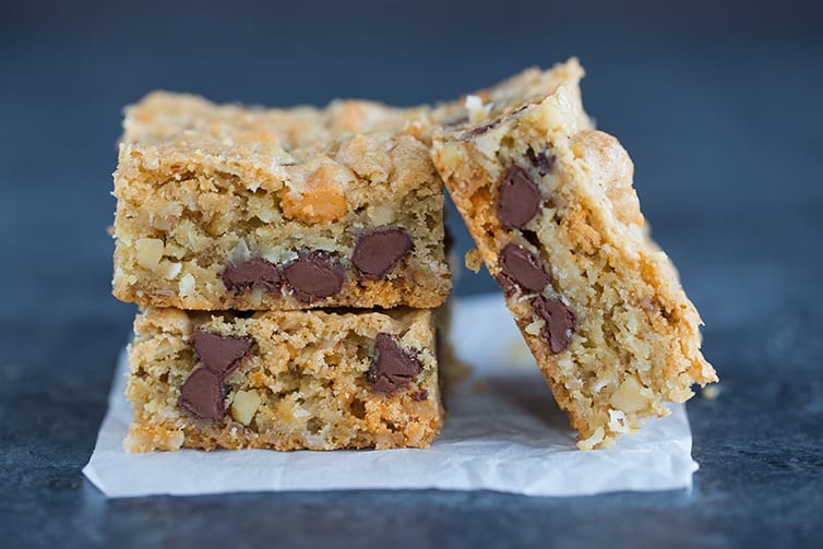Chewy, Chunky Blondies are cookie bars filled with chocolate chips, butterscotch chips, walnuts, and coconut.