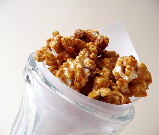 Homemade Cracker Jack popcorn in a glass.