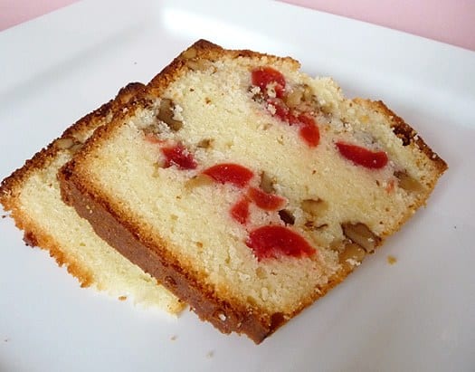 Slices of Russian pound cake on a white plate.