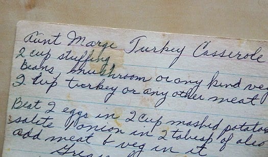 Turkey casserole recipe handwritten on a white notecard.