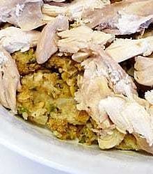 Turkey casserole in a white serving dish.