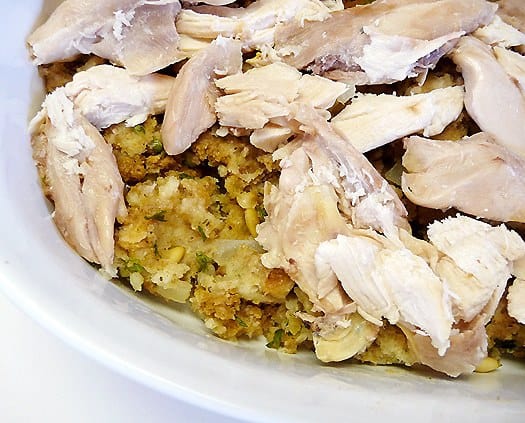 Turkey casserole in a white serving dish.
