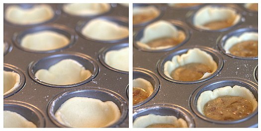 Collage of 2 images of dough lining a mini muffin pan and pecan tassie filling in each muffin well before baking.