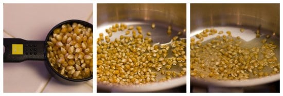 Collage of 3 images of popcorn kernels.