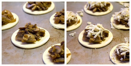 Collage of 2 images of assembling caramelized onion, mushroom, and gruyere tartlets.