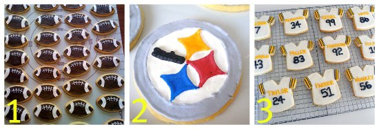 Collage of 3 images of decorated sugar cookies including cookies decorated as footballs, the Pittsburgh Steelers logo, and Steelers jerseys.