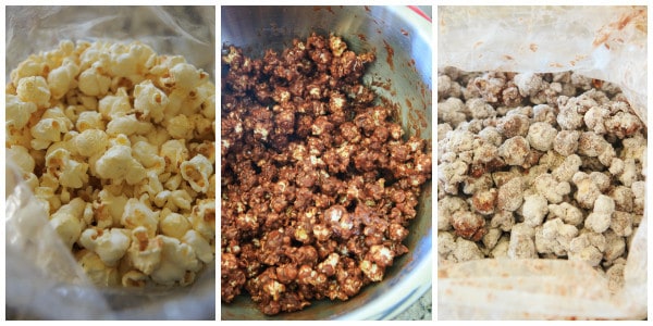 This popcorn version of the enormously popular muddy buddies (or "puppy chow") is chocolate and peanut butter-covered popcorn tossed in powdered sugar. | browneyedbaker.com