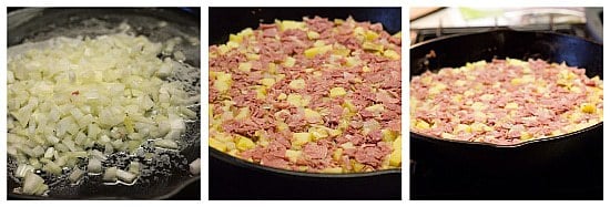 Collage of 3 images showing how to make corned beef hash including sautéing onions and adding the corned beef.