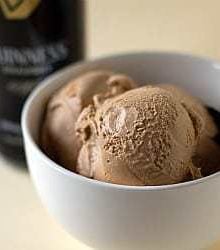 Scoops of Guinness milk chocolate ice cream in a white bowl with a spoon.