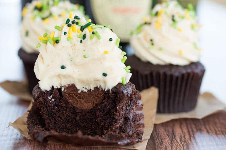 Irish Car Bomb Cupcakes :: Guinness chocolate cake, Jameson whiskey ganache filling, and Baileys buttercream frosting.