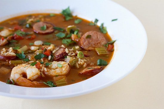 Shrimp and sausage jambalaya in a white bowl.