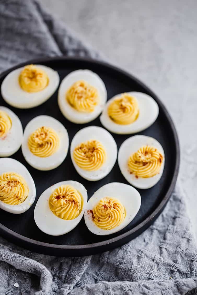 An overhead photo of a tray of deviled eggs.