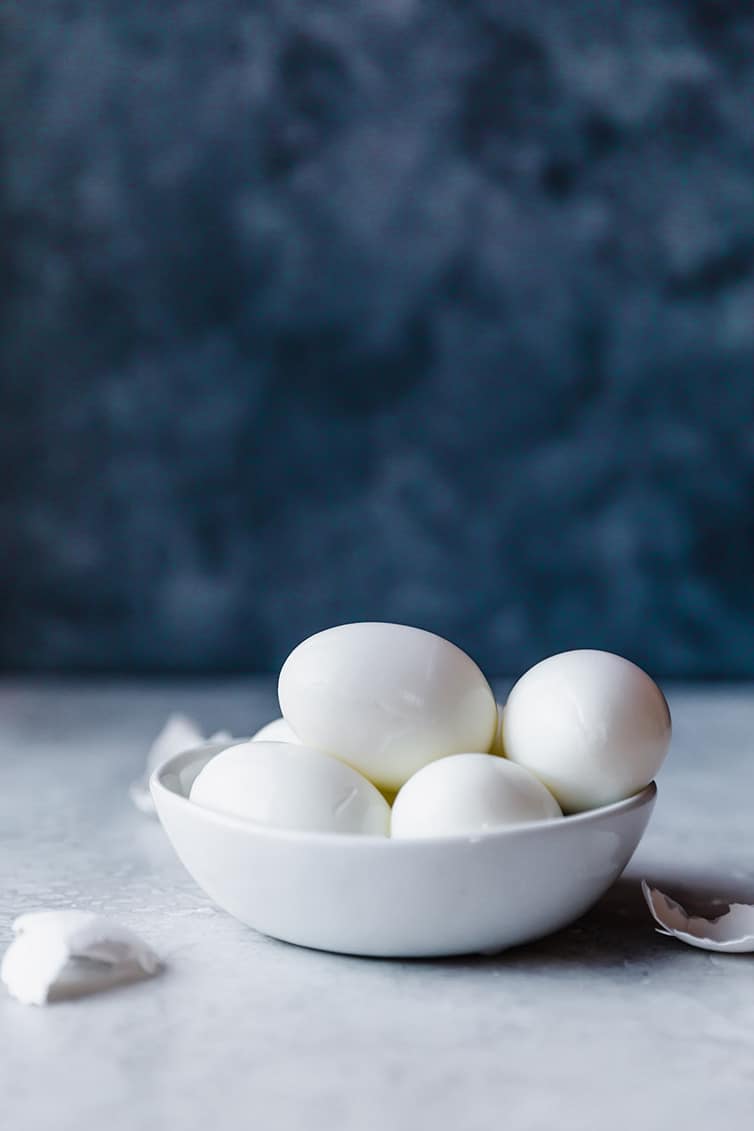 A bowl of hard-boiled eggs.