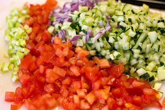 Chopped veggies for gazpacho.