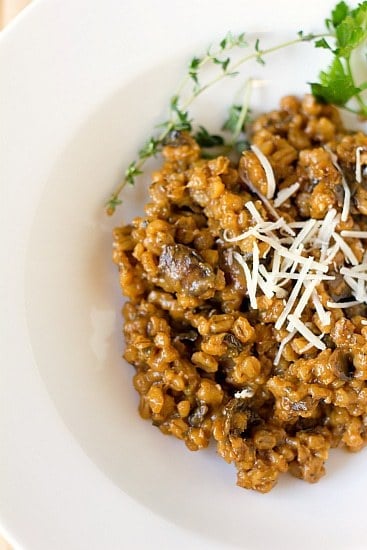 Overhead image of a serving of mushroom barley risotto on a white plate.