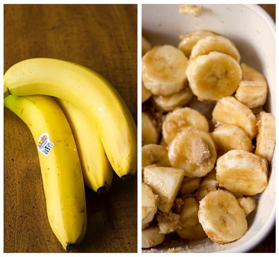 Collage of 2 images of bananas and roasted banana slices in a white baking dish.