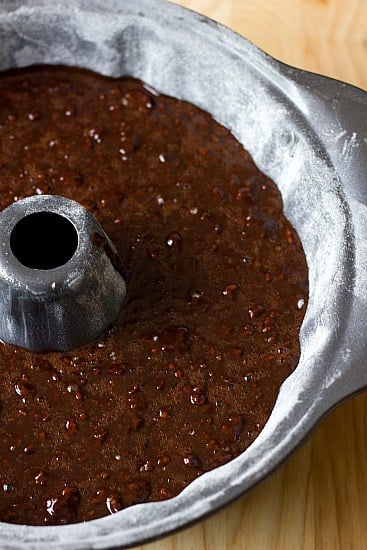 Root beer float cake batter in a Bundt pan before baking.
