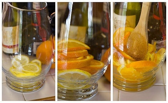 Collage of 3 images showing how to make white sangria in a pitcher.