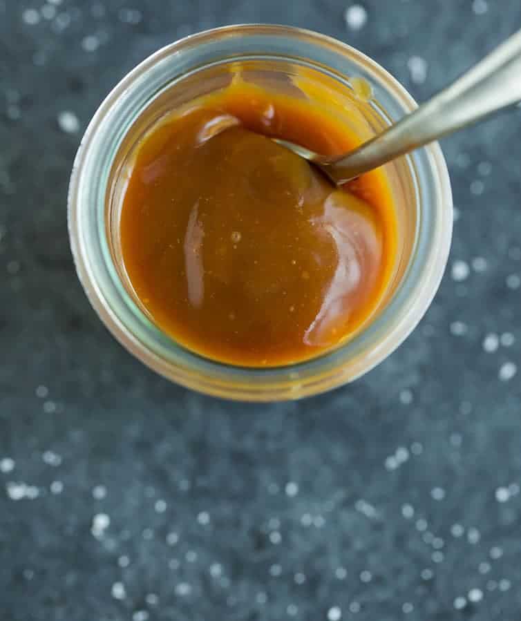A jar of salted caramel sauce from the Sweet and Salty Brownies