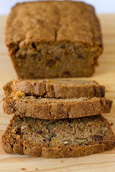 A loaf of zucchini pineapple bread sliced.