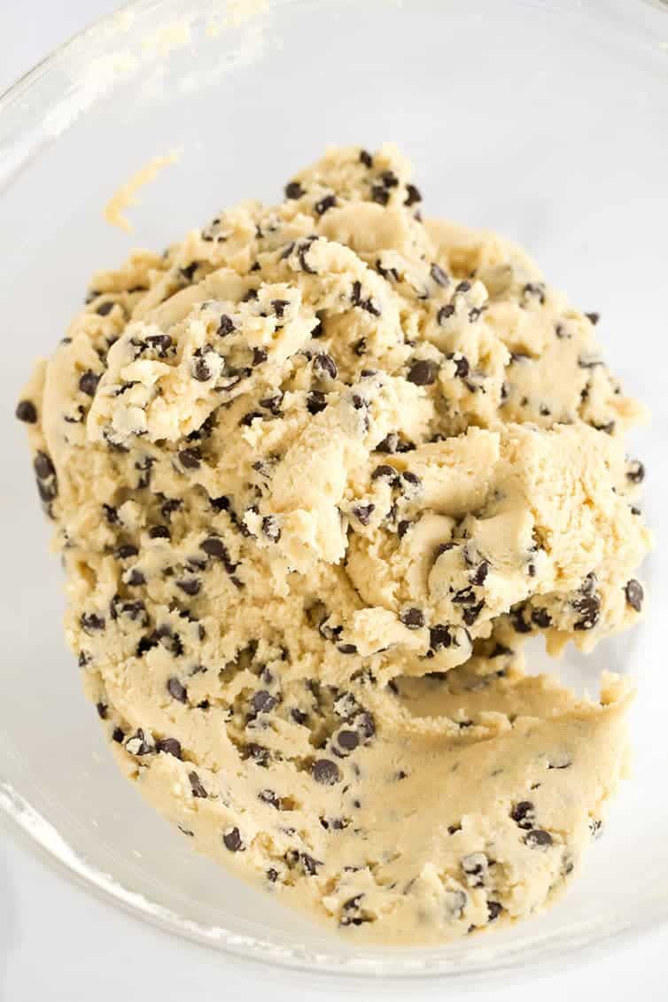 A bowl of edible (egg-free) chocolate chip cookie dough.