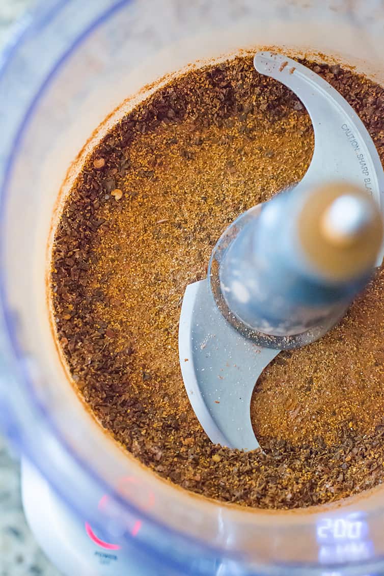 Homemade chili spice powder in food processor.