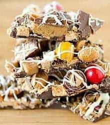Stack of pieces of leftover Halloween chocolate candy bark.